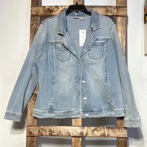 Chicos light blue denim jacket. Chico size 3. Rhinestone and pearl buttons, NWT
